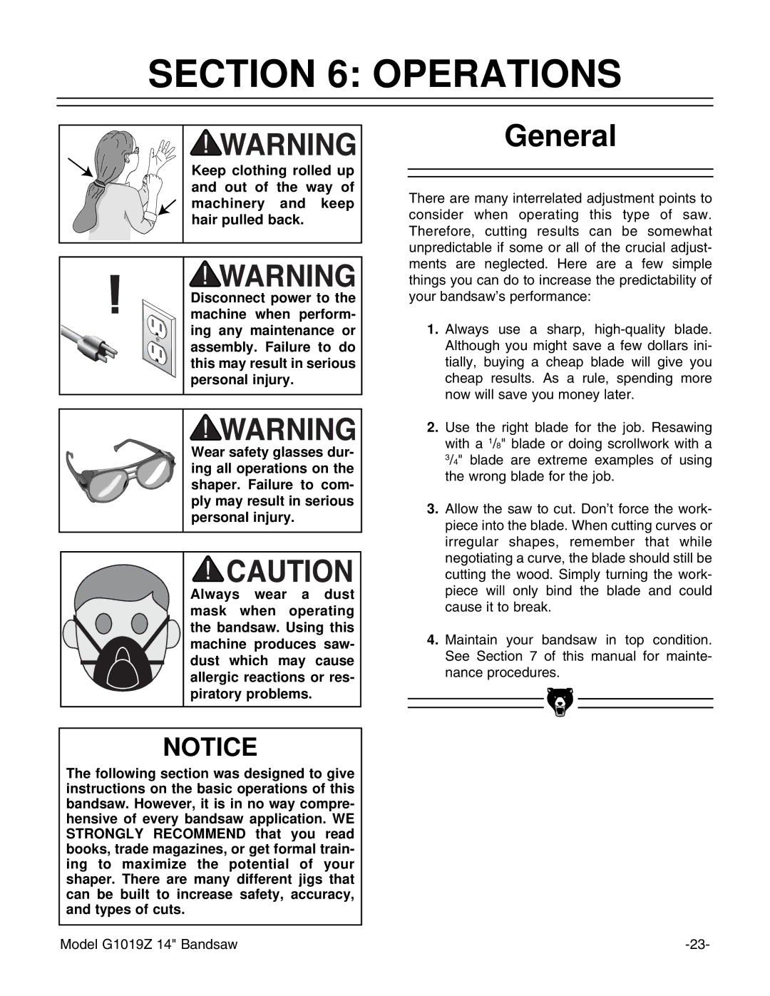 Grizzly G1019Z instruction manual Operations, General 