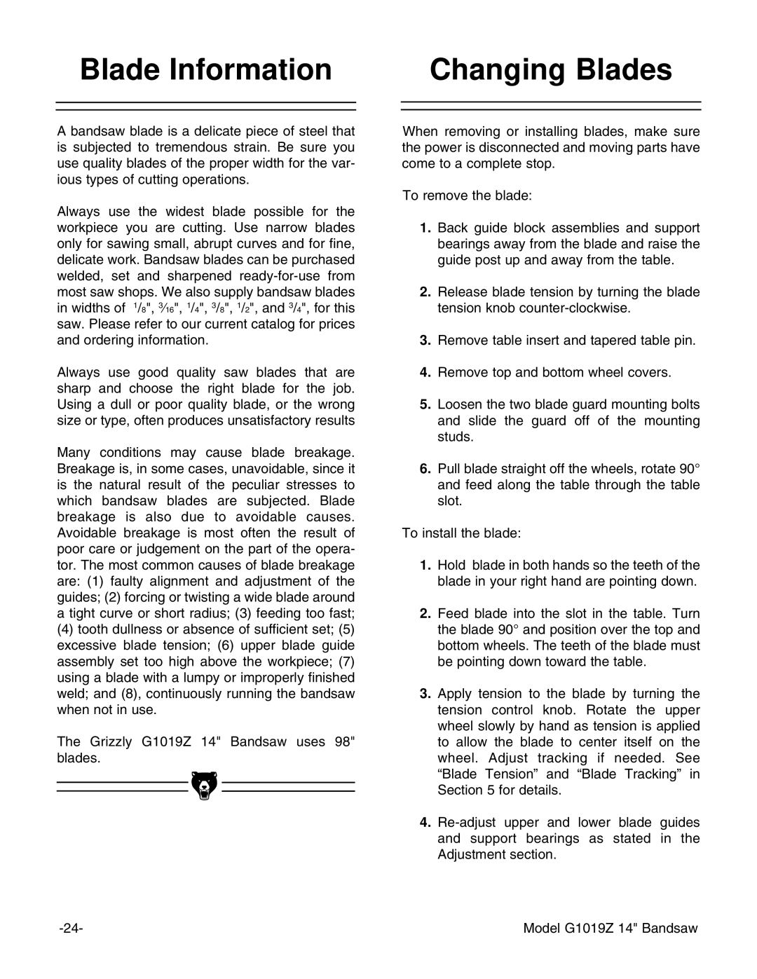 Grizzly G1019Z instruction manual Blade Information, Changing Blades 