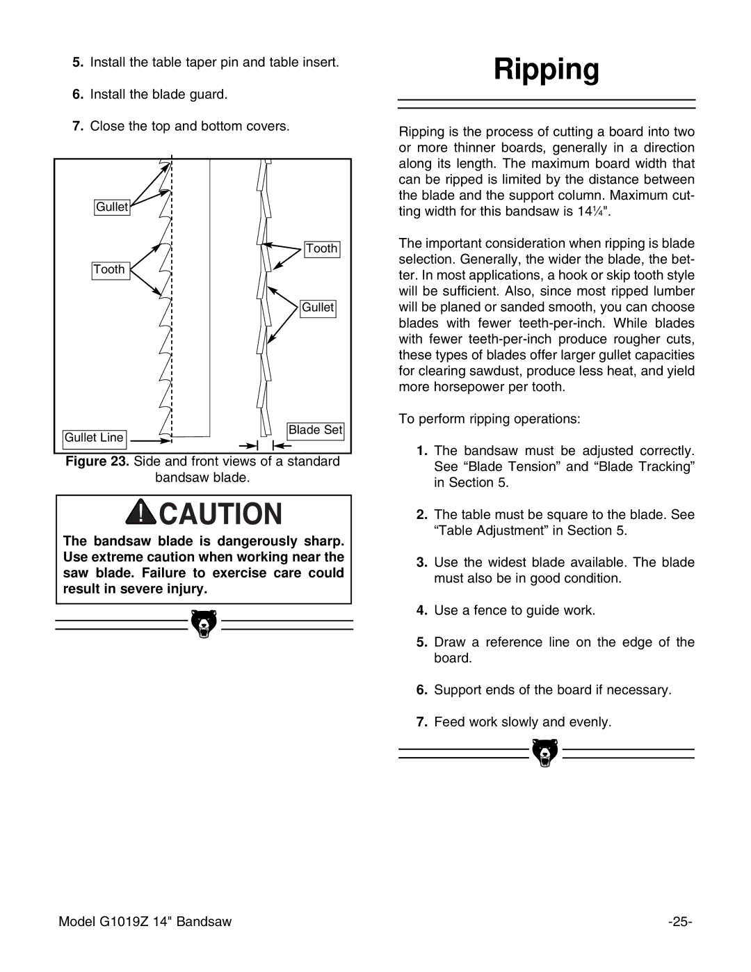 Grizzly G1019Z instruction manual Ripping, Side and front views of a standard Bandsaw blade 