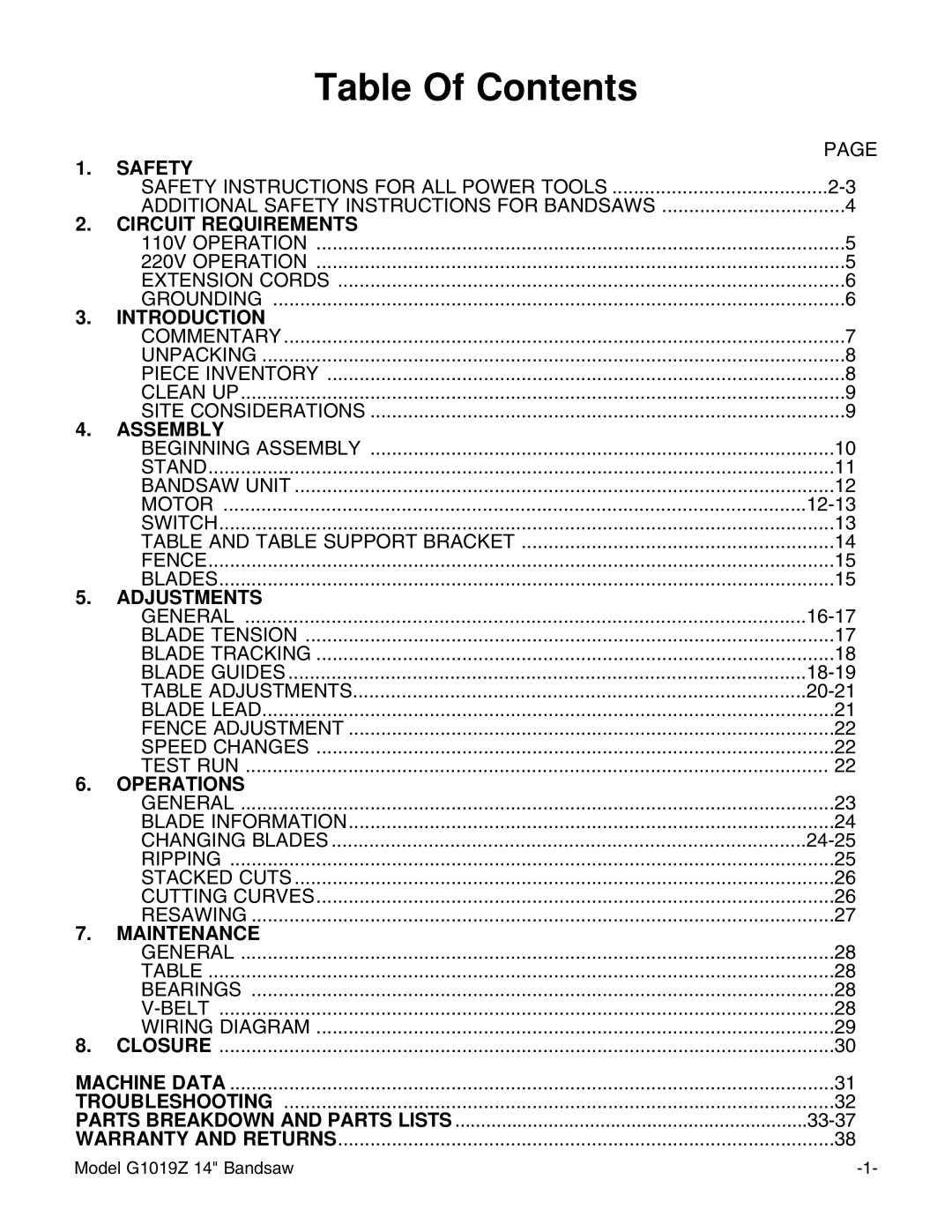 Grizzly G1019Z instruction manual Table Of Contents 