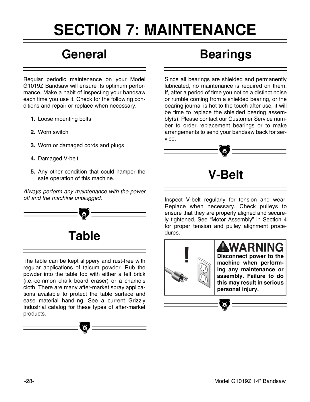 Grizzly G1019Z instruction manual Maintenance, GeneralBearings, Belt 