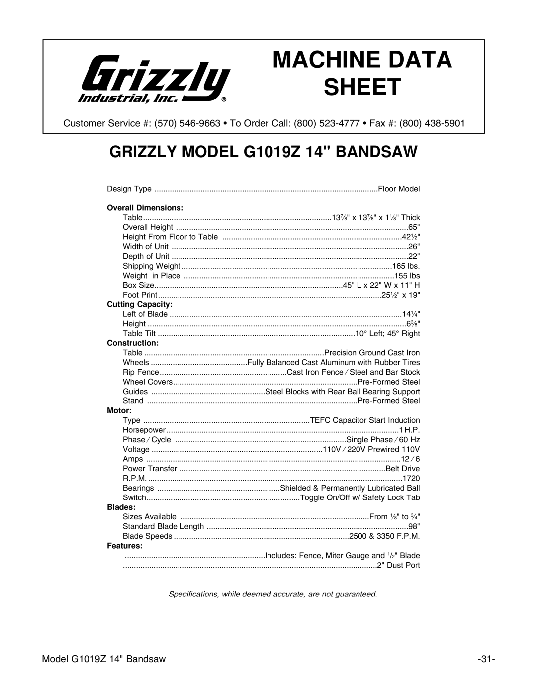 Grizzly G1019Z instruction manual Machine Data Sheet 