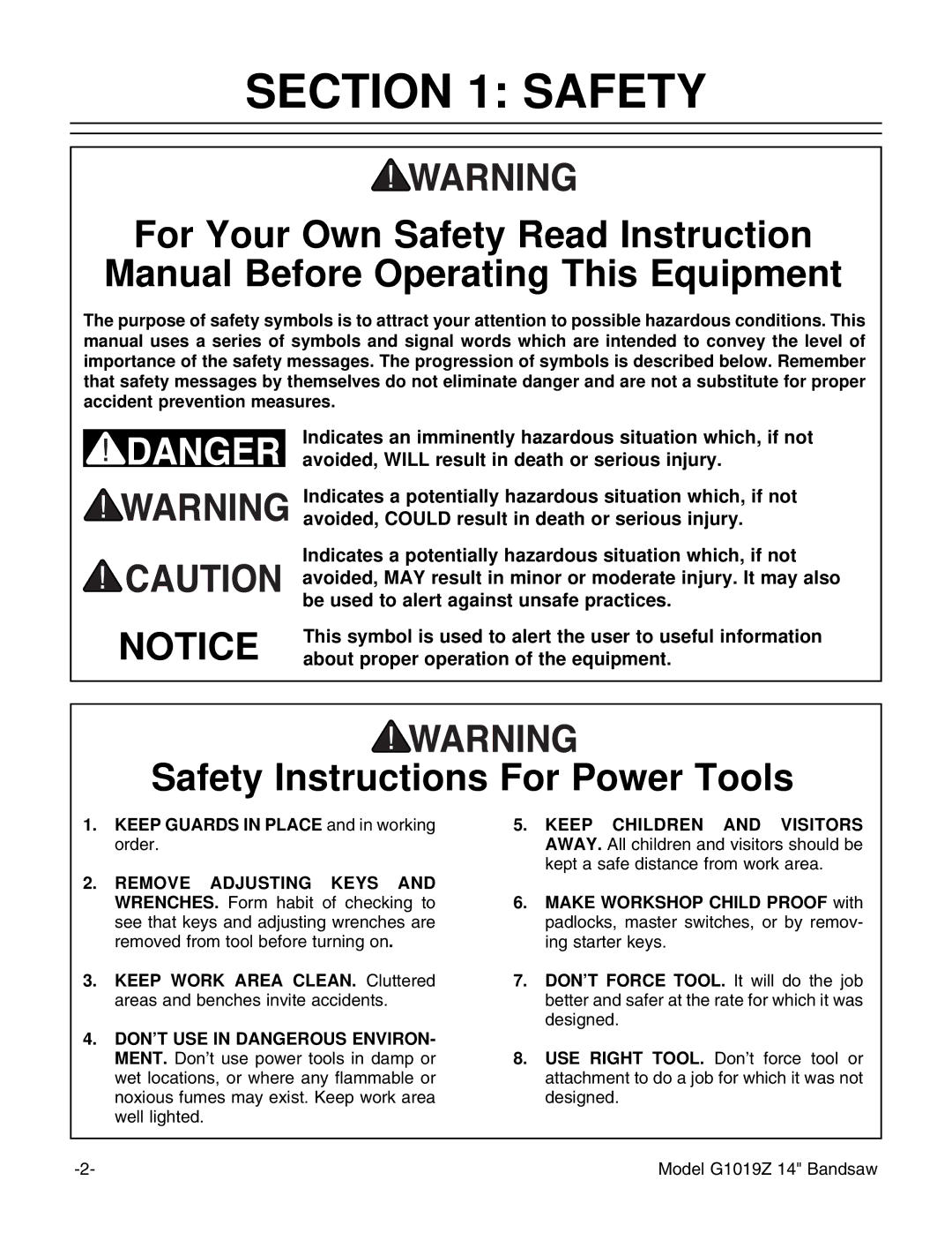 Grizzly G1019Z instruction manual Safety Instructions For Power Tools 