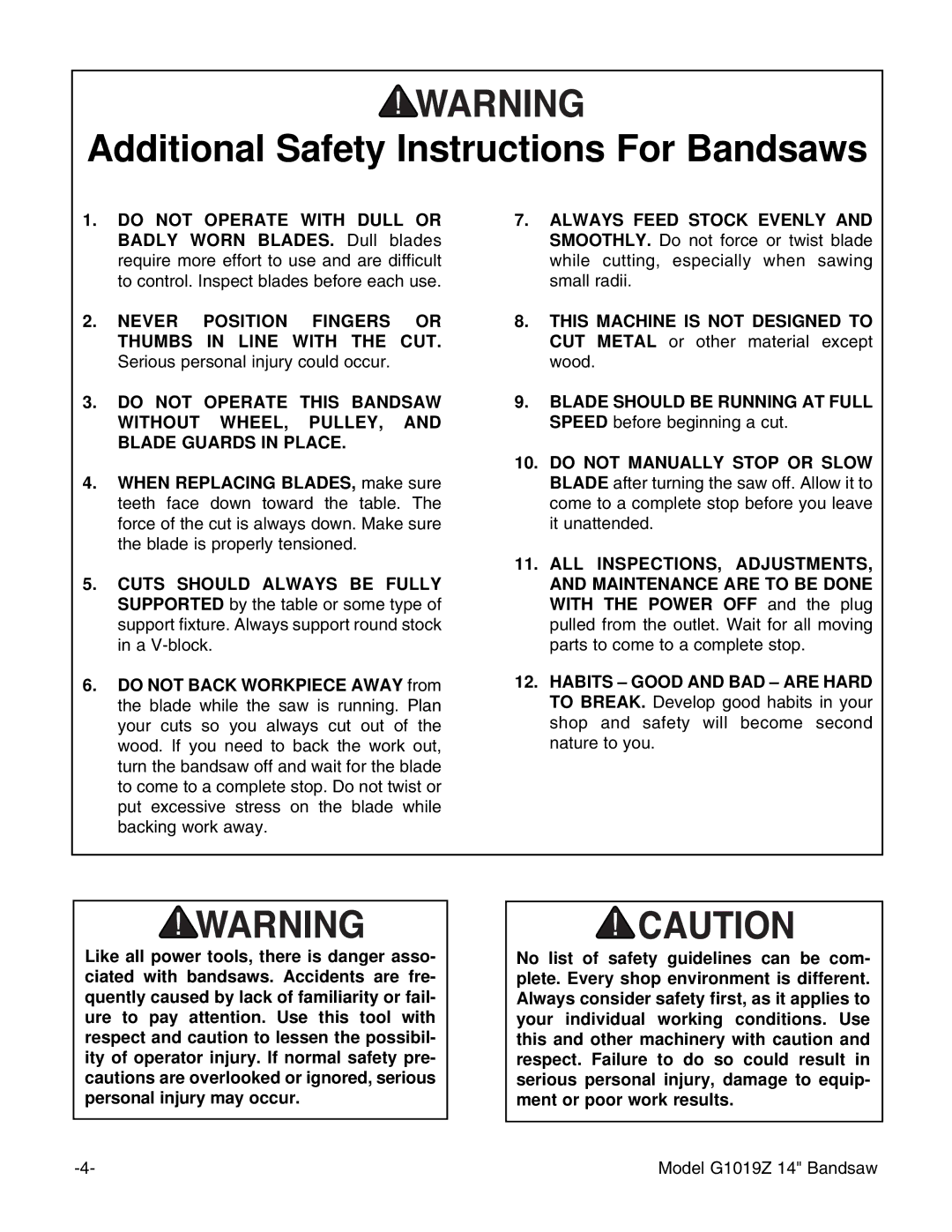 Grizzly G1019Z instruction manual Additional Safety Instructions For Bandsaws 