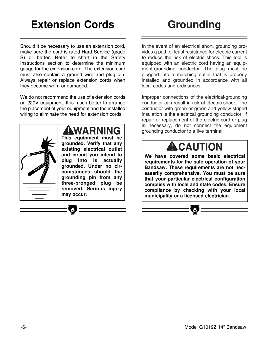 Grizzly G1019Z instruction manual Extension Cords, Grounding 