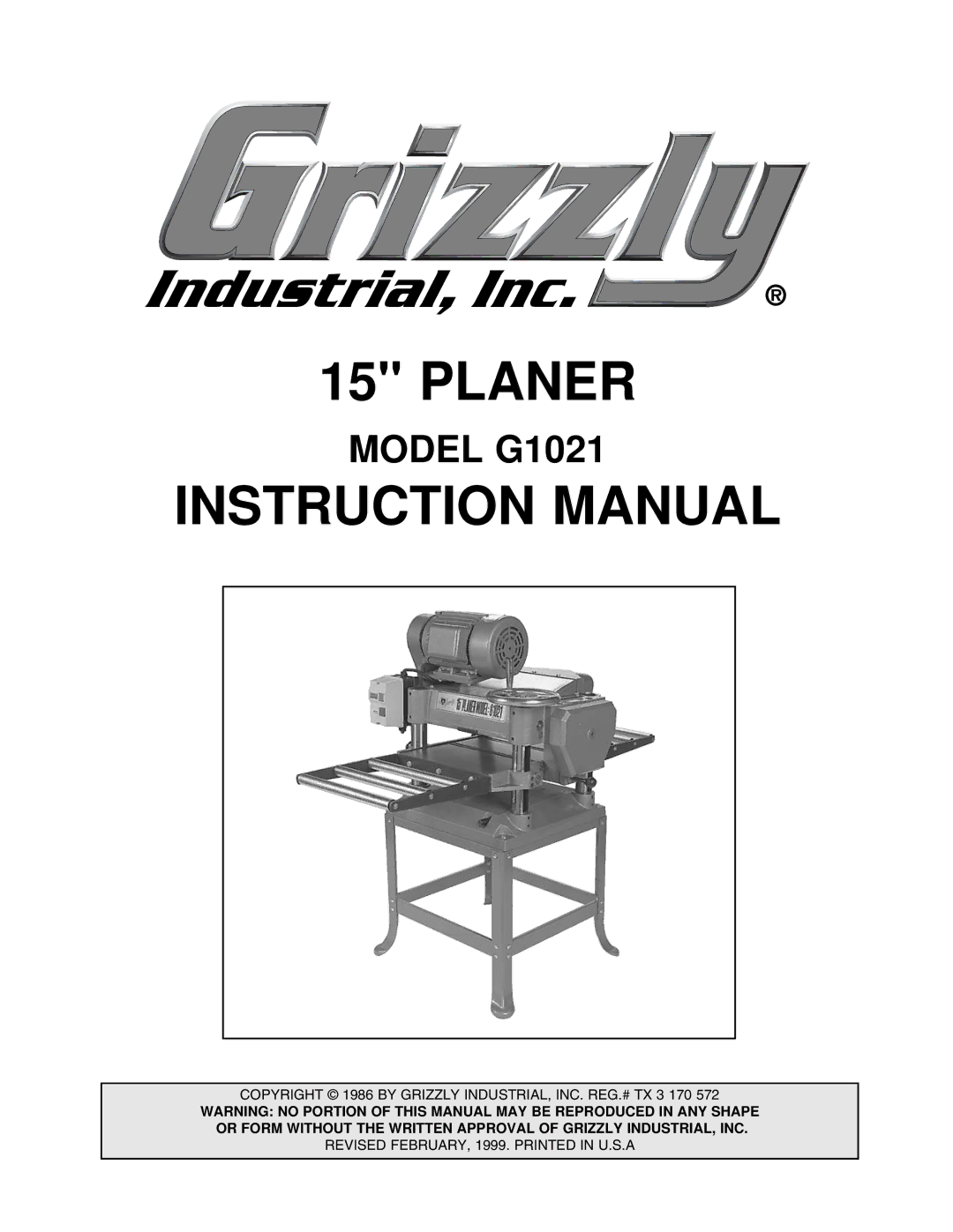 Grizzly G1021 instruction manual Planer 