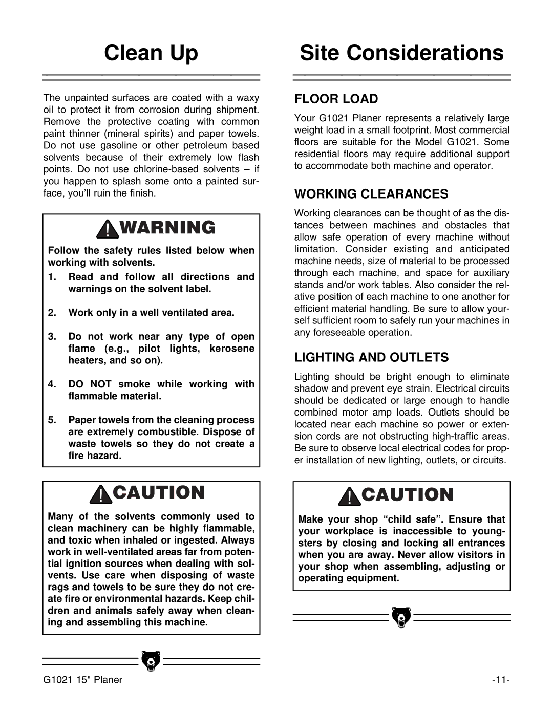 Grizzly G1021 instruction manual Clean Up, Site Considerations 