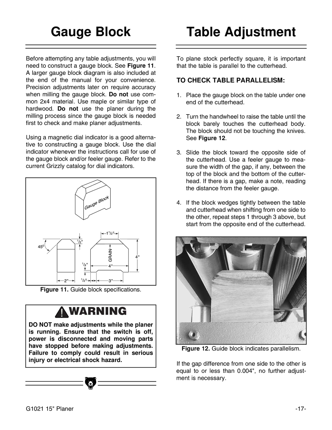 Grizzly G1021 instruction manual Gauge Block, Table Adjustment, To Check Table Parallelism 