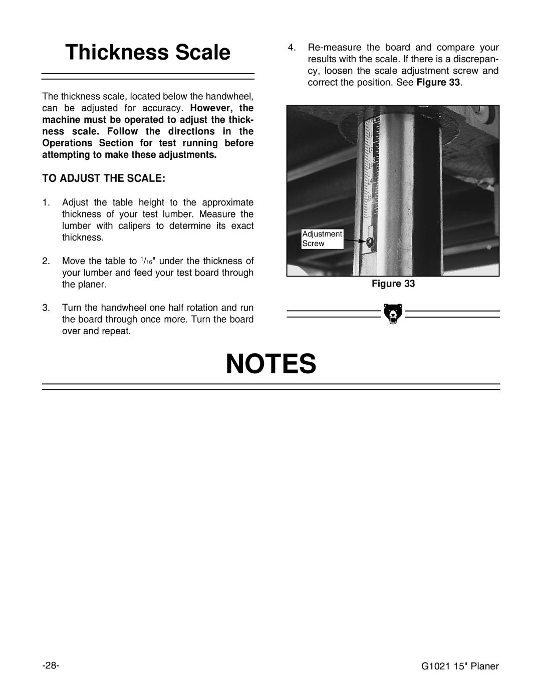 Grizzly G1021 instruction manual Thickness Scale, To Adjust the Scale 