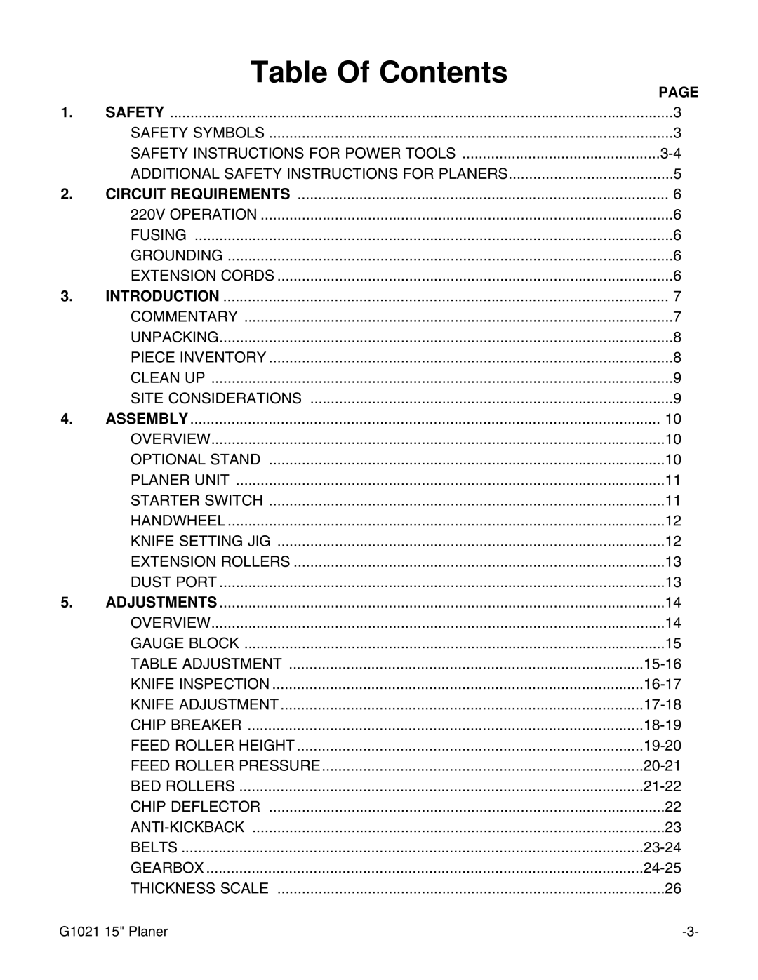 Grizzly G1021 instruction manual Table Of Contents 