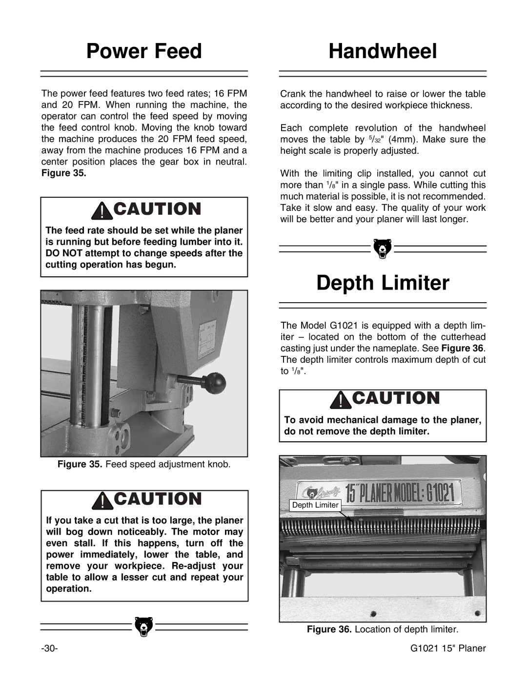 Grizzly G1021 instruction manual Power Feed, Handwheel, Depth Limiter 