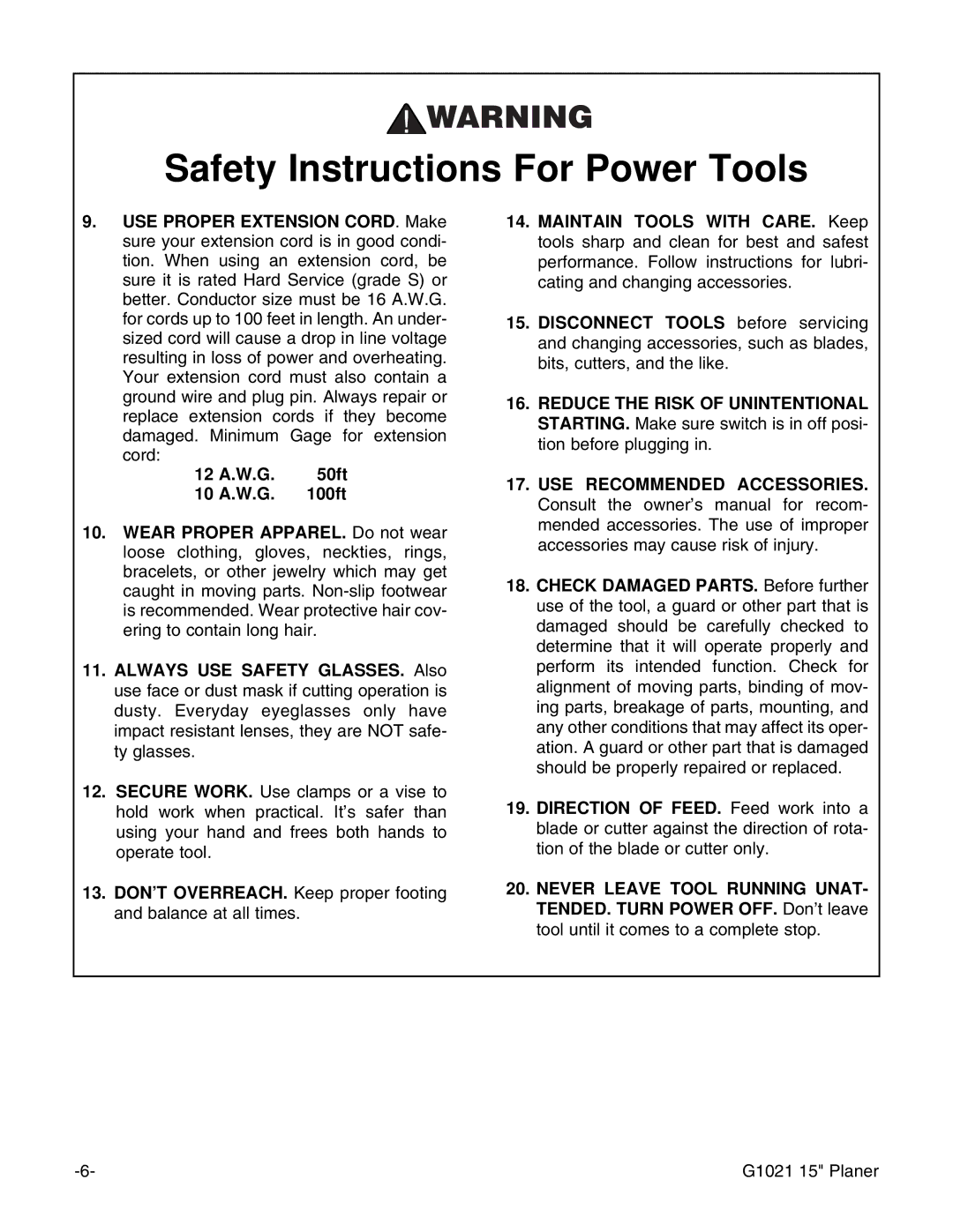 Grizzly G1021 instruction manual Safety Instructions For Power Tools 