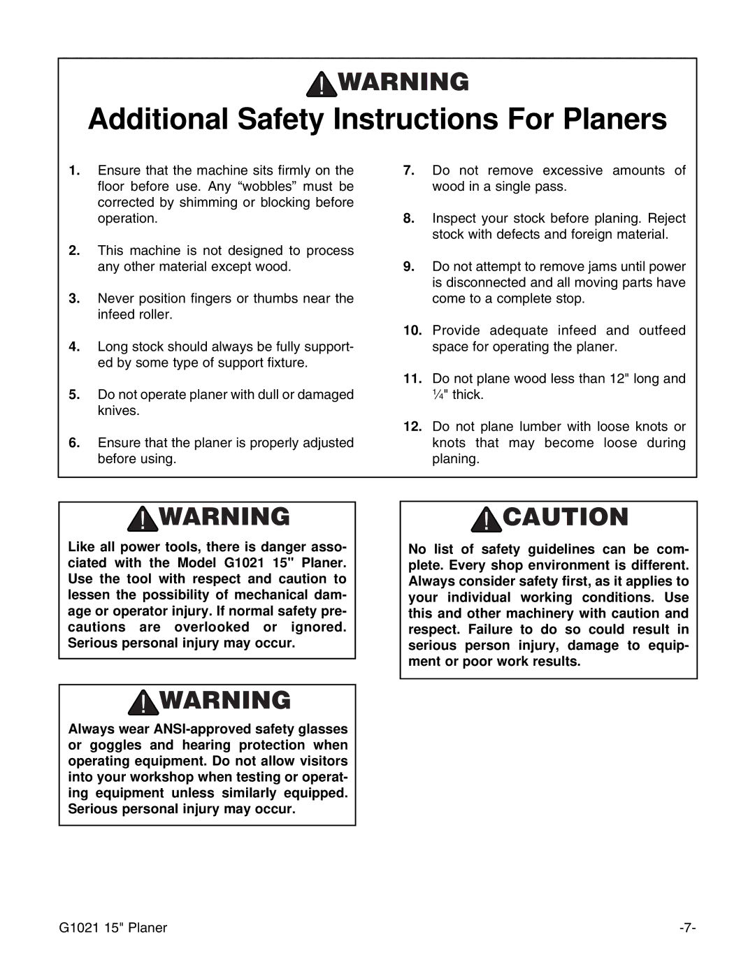 Grizzly G1021 instruction manual Additional Safety Instructions For Planers 