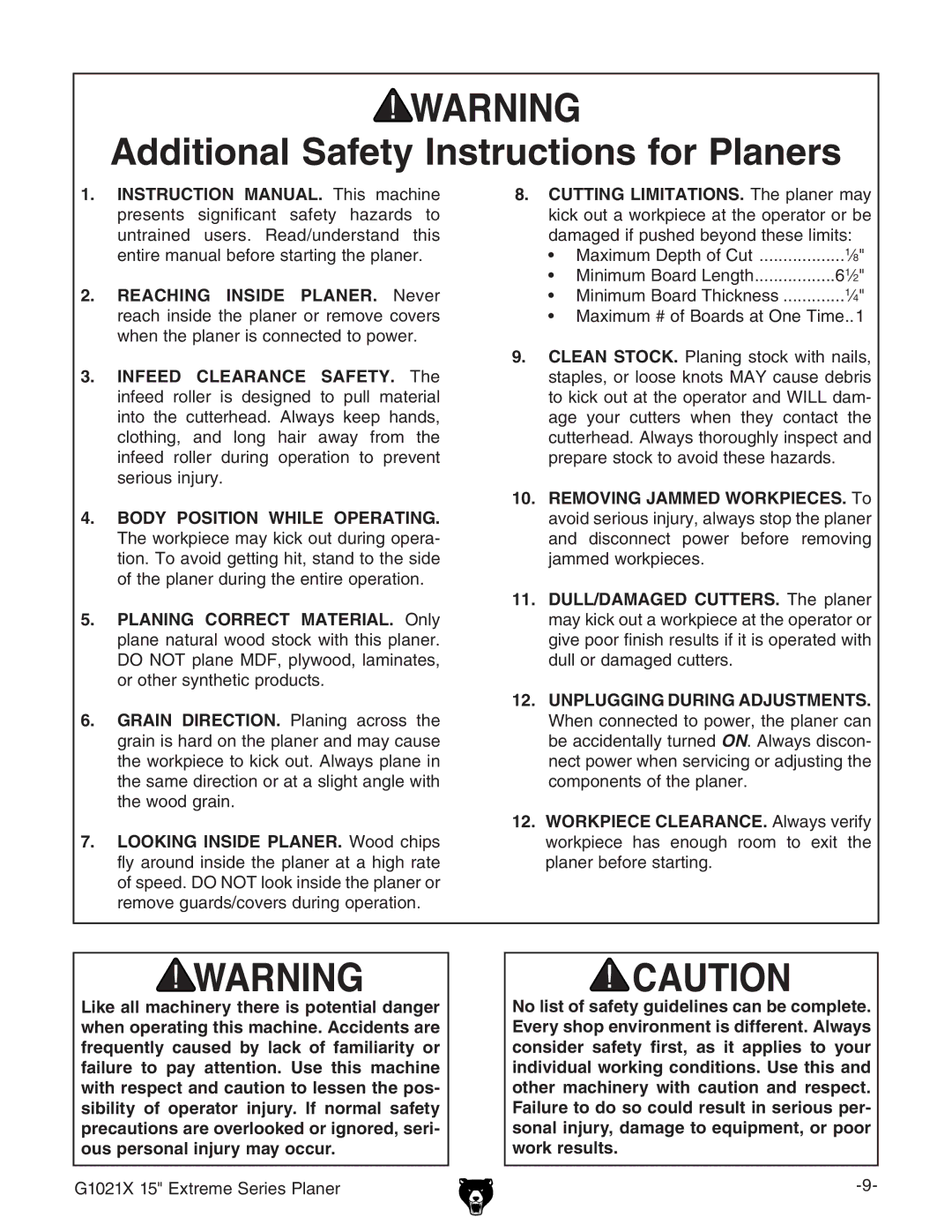 Grizzly G1021x owner manual Additional Safety Instructions for Planers 