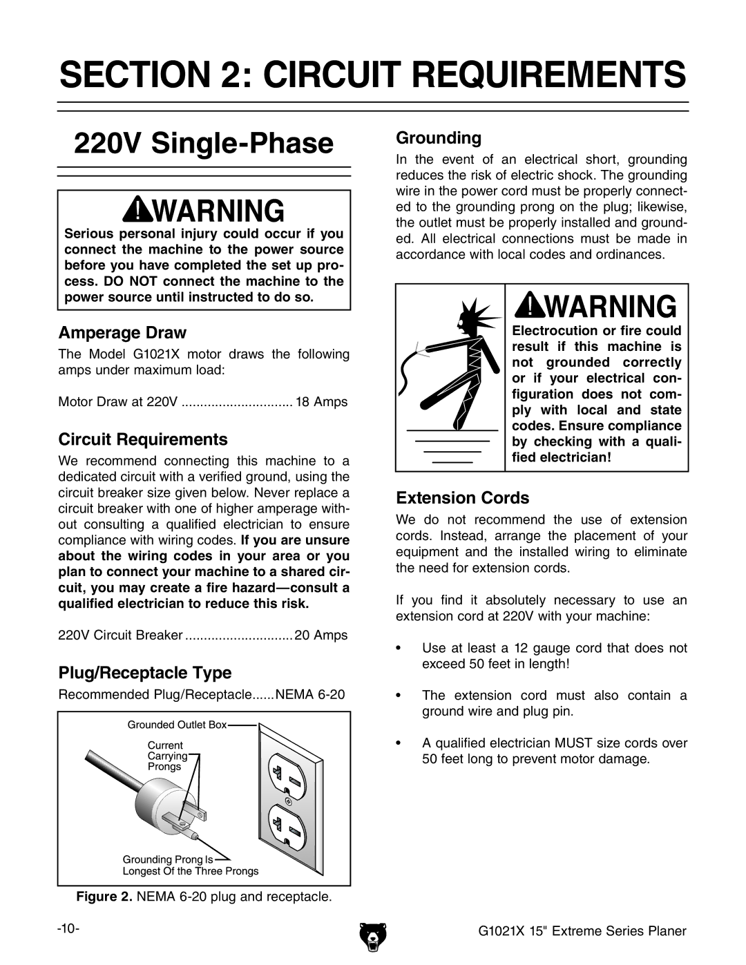 Grizzly G1021x owner manual Circuit Requirements, 220V Single-Phase 