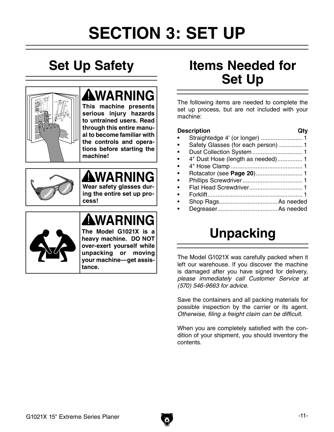 Grizzly G1021x owner manual Set Up Safety, Items Needed for, Unpacking 