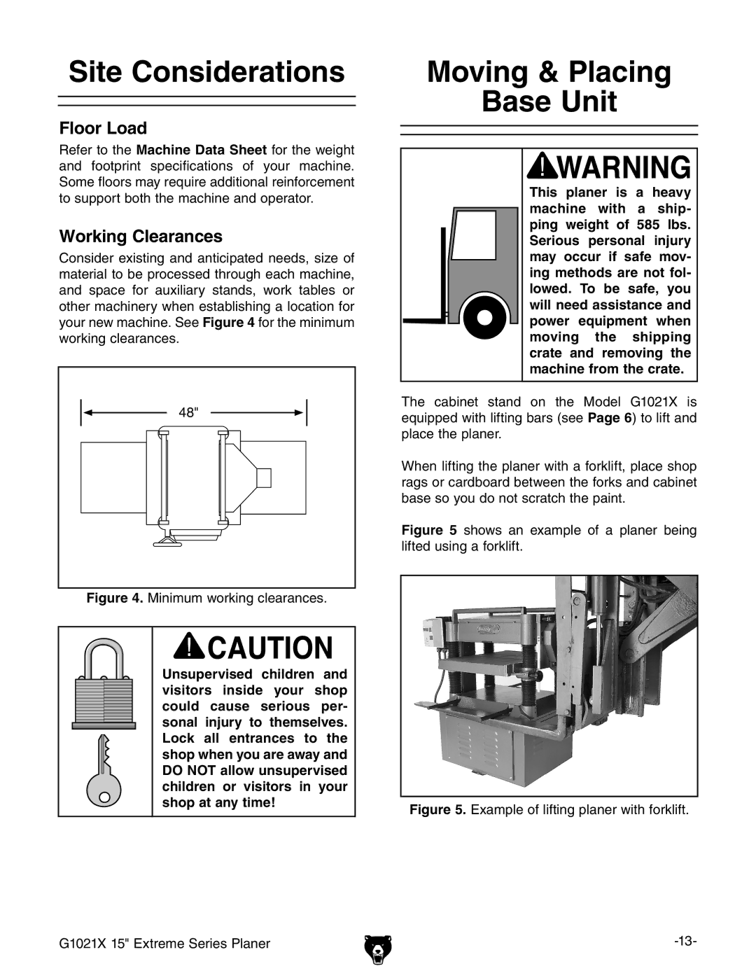 Grizzly G1021x owner manual Site Considerations, Moving & Placing Base Unit 