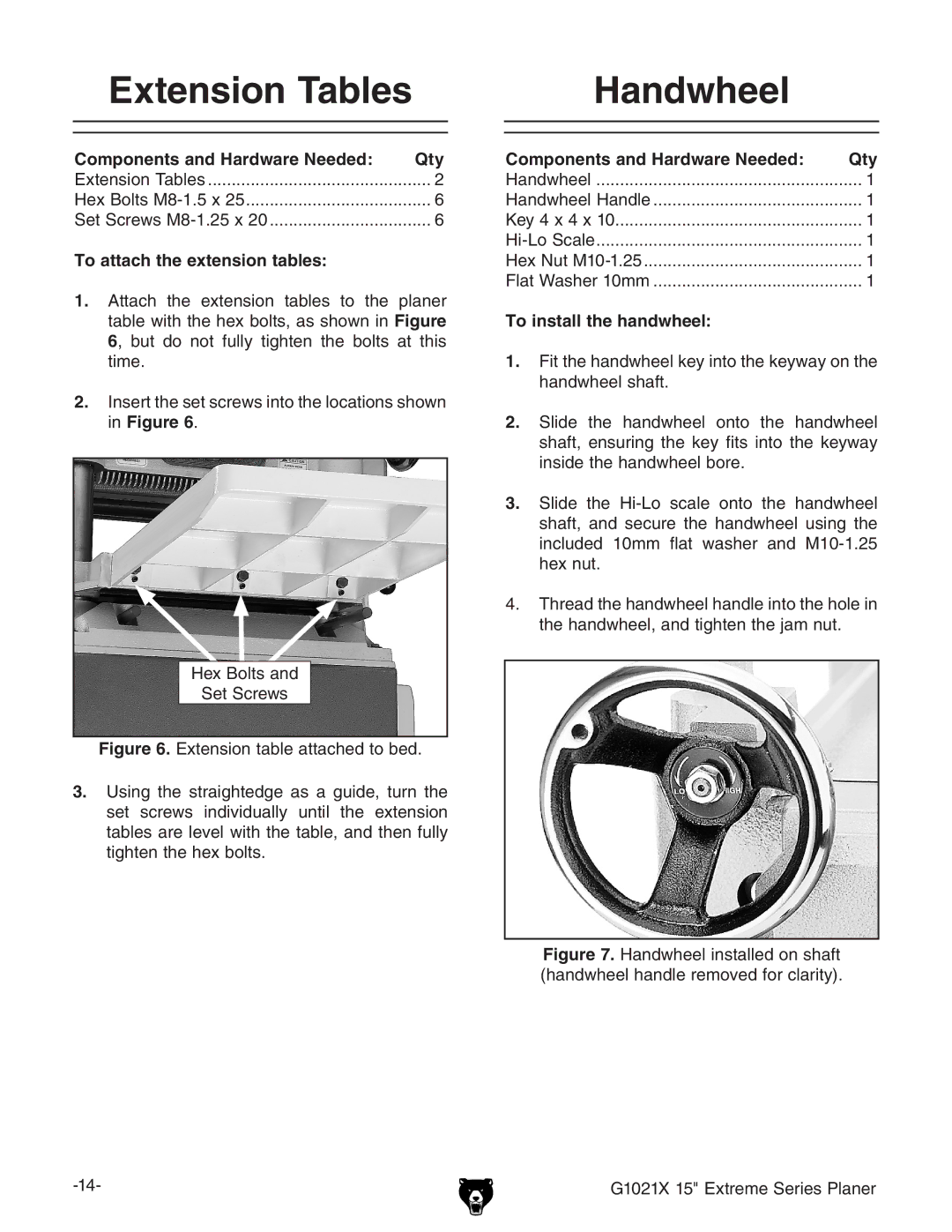 Grizzly G1021x owner manual Extension Tables, Handwheel, Components and Hardware Needed Qty, To attach the extension tables 