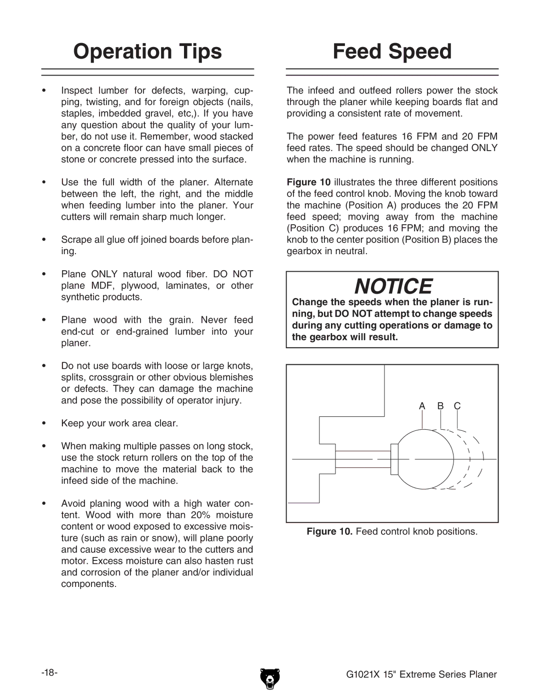 Grizzly G1021x owner manual Operation Tips, Feed Speed 