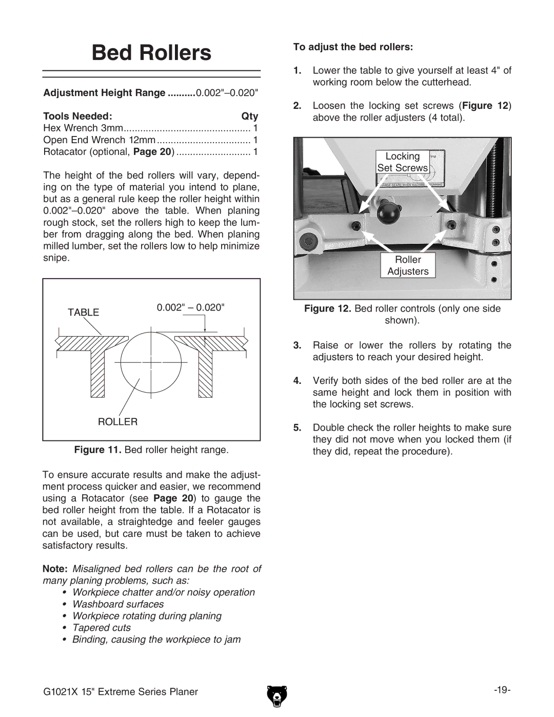 Grizzly G1021x owner manual Bed Rollers, Adjustment Height Range, Tools Needed Qty, To adjust the bed rollers 