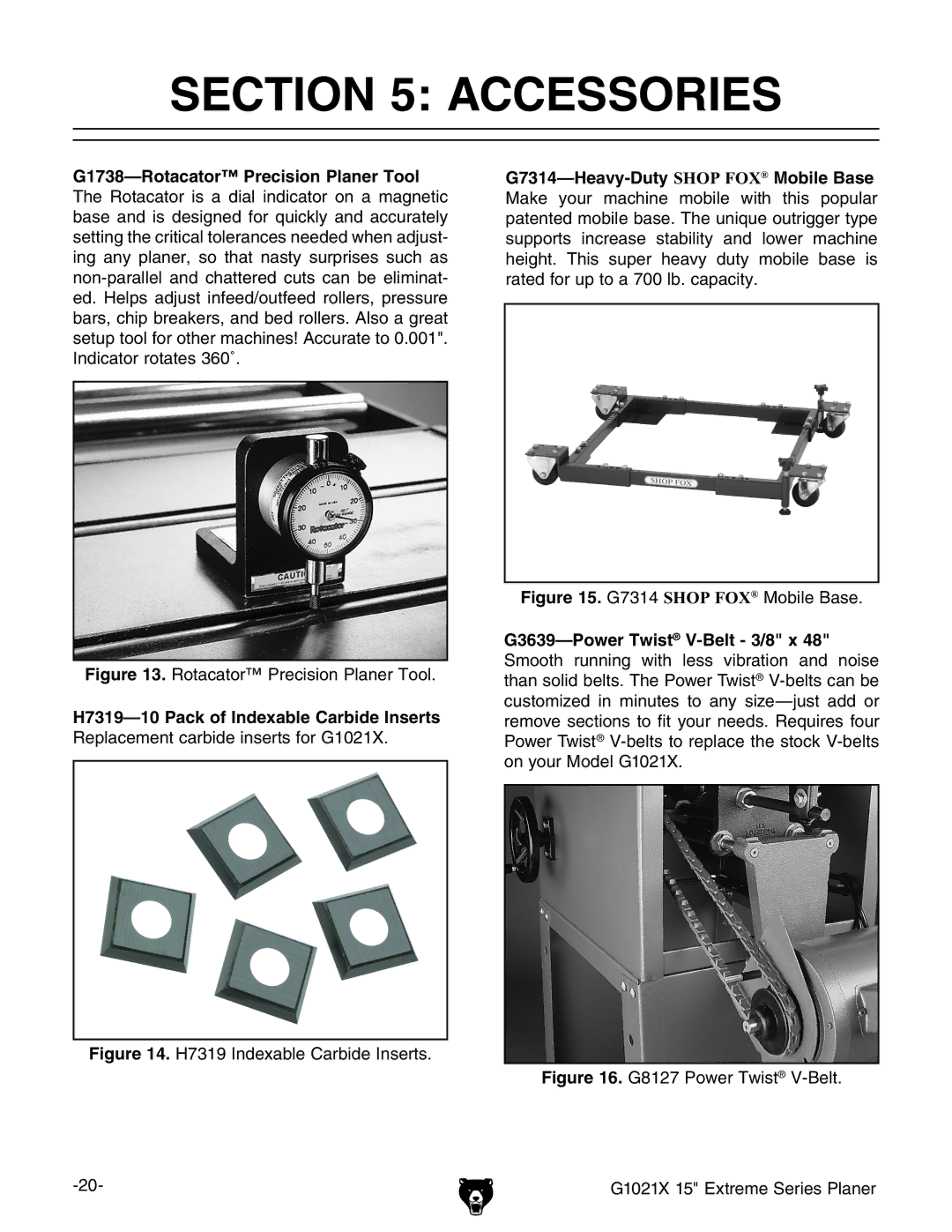 Grizzly G1021x owner manual Accessories, Rotacator Precision Planer Tool 