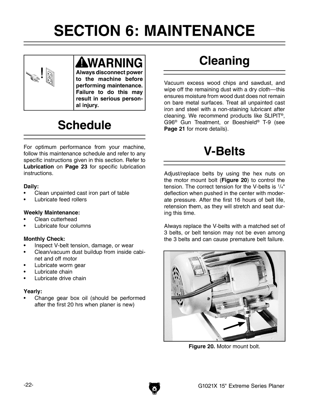 Grizzly G1021x owner manual Maintenance, Schedule, Cleaning, Belts 