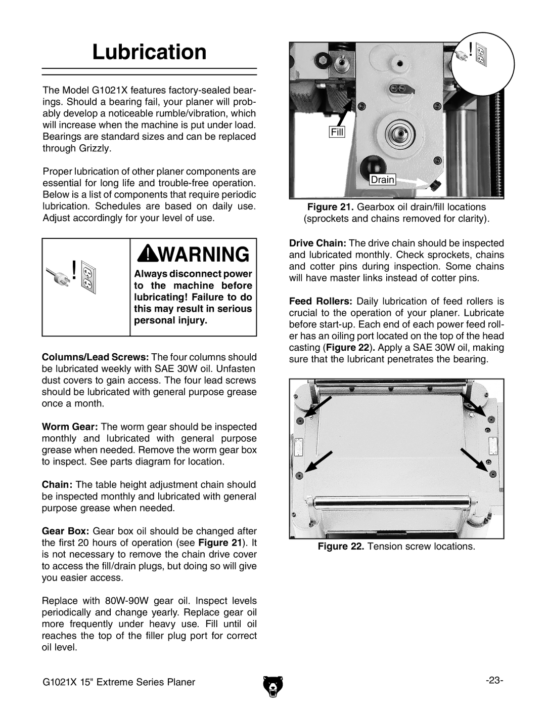 Grizzly G1021x owner manual Lubrication, Tension screw locations 