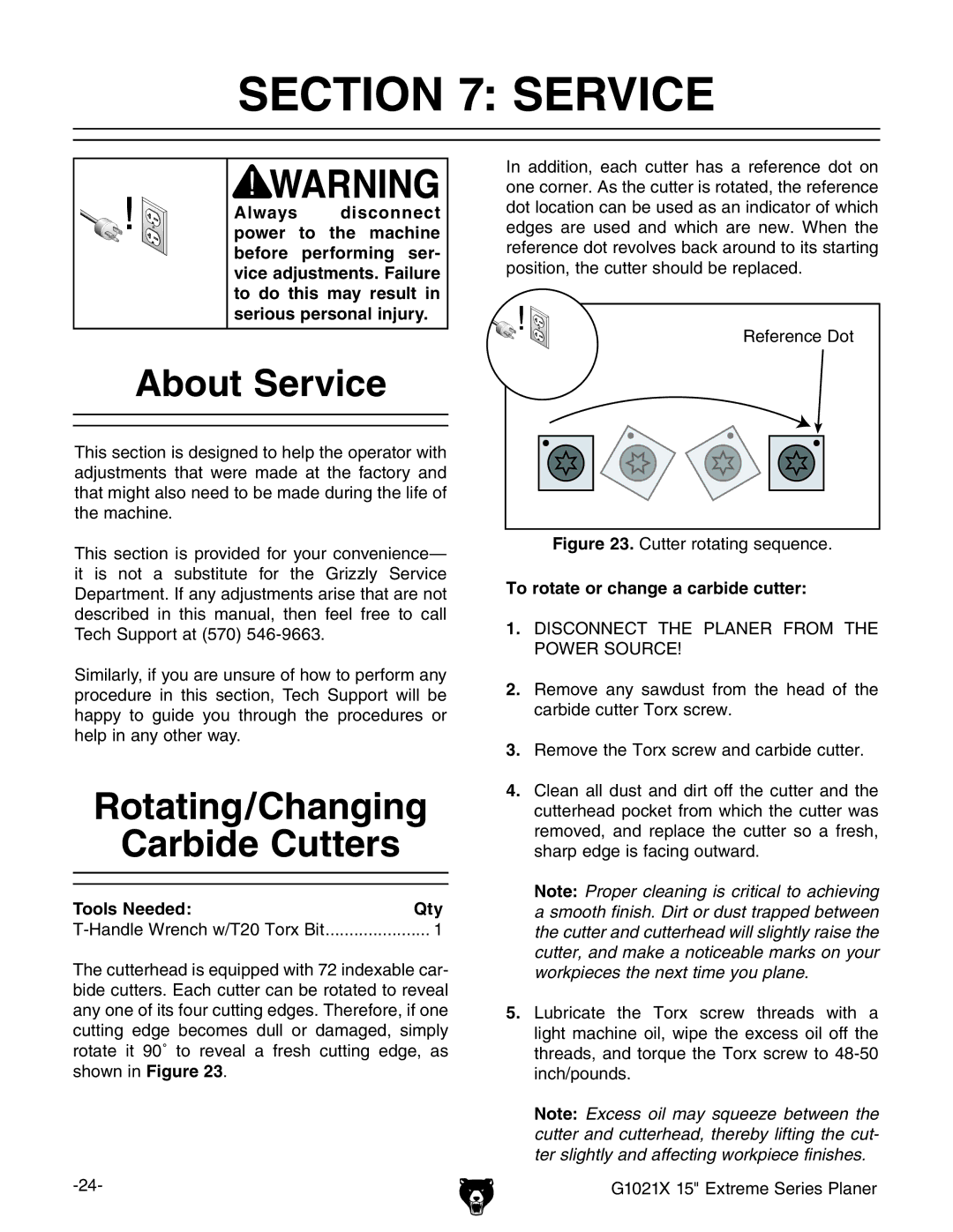 Grizzly G1021x owner manual About Service, Rotating/Changing Carbide Cutters, To rotate or change a carbide cutter 