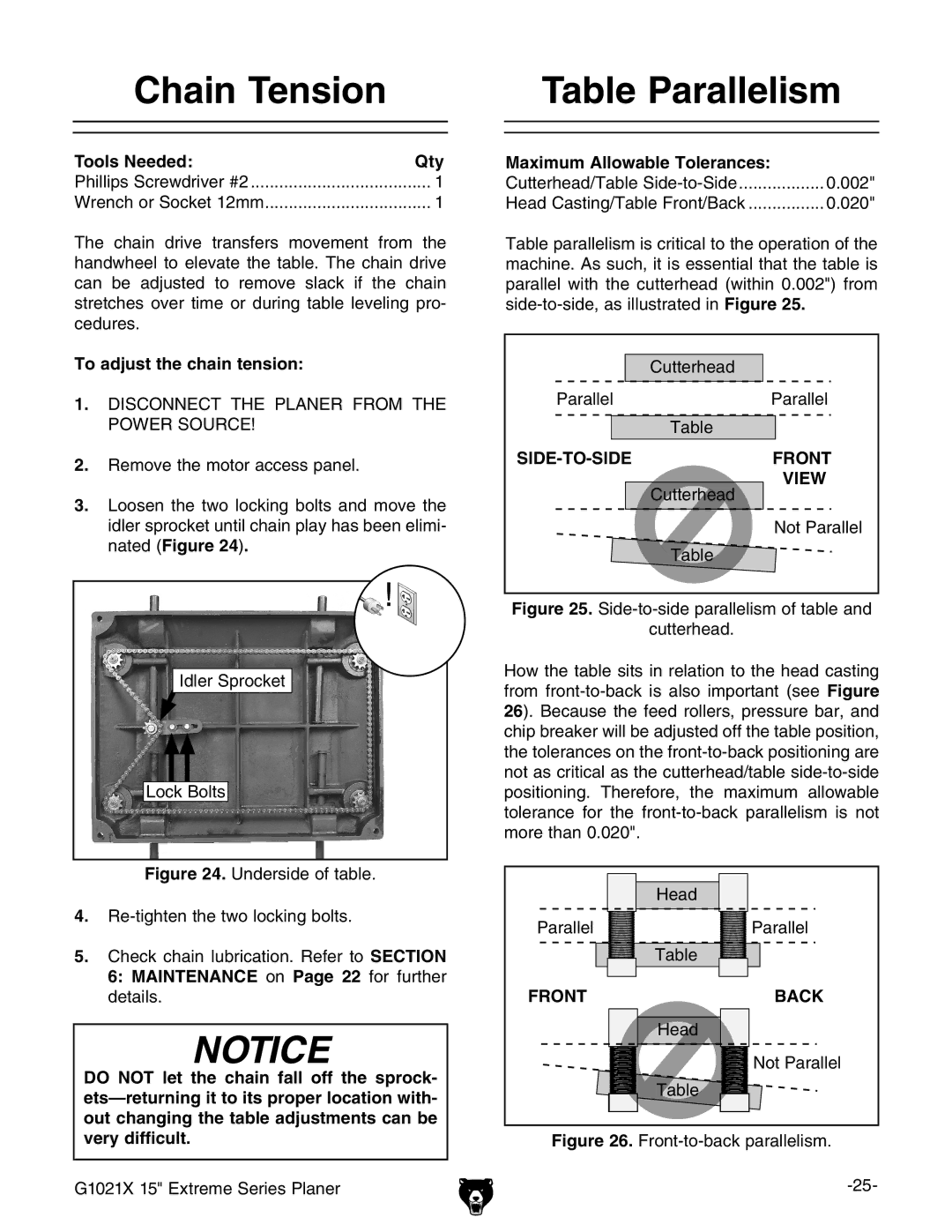 Grizzly G1021x owner manual Chain Tension, Table Parallelism, To adjust the chain tension, Maximum Allowable Tolerances 