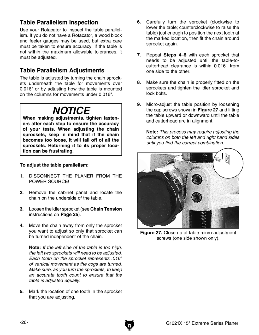 Grizzly G1021x owner manual Table Parallelism Inspection 