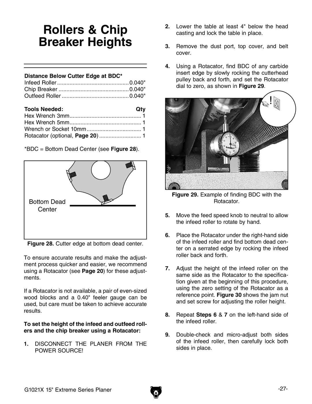 Grizzly G1021x owner manual Rollers & Chip Breaker Heights, Distance Below Cutter Edge at BDC 