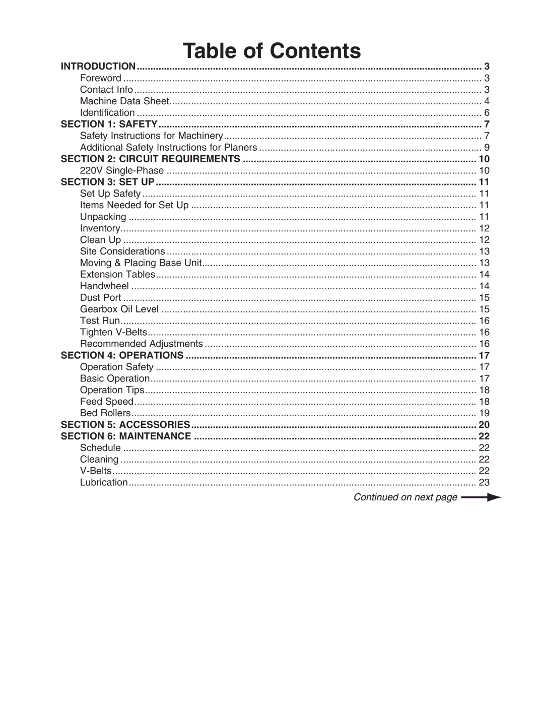 Grizzly G1021x owner manual Table of Contents 