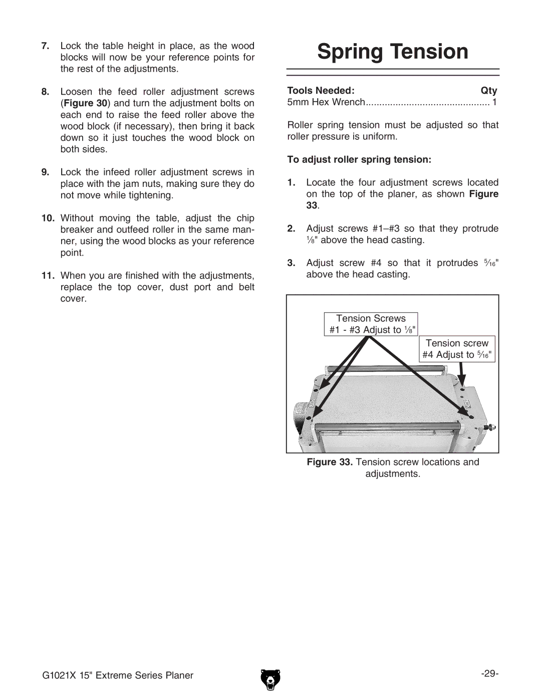 Grizzly G1021x owner manual Spring Tension, To adjust roller spring tension 