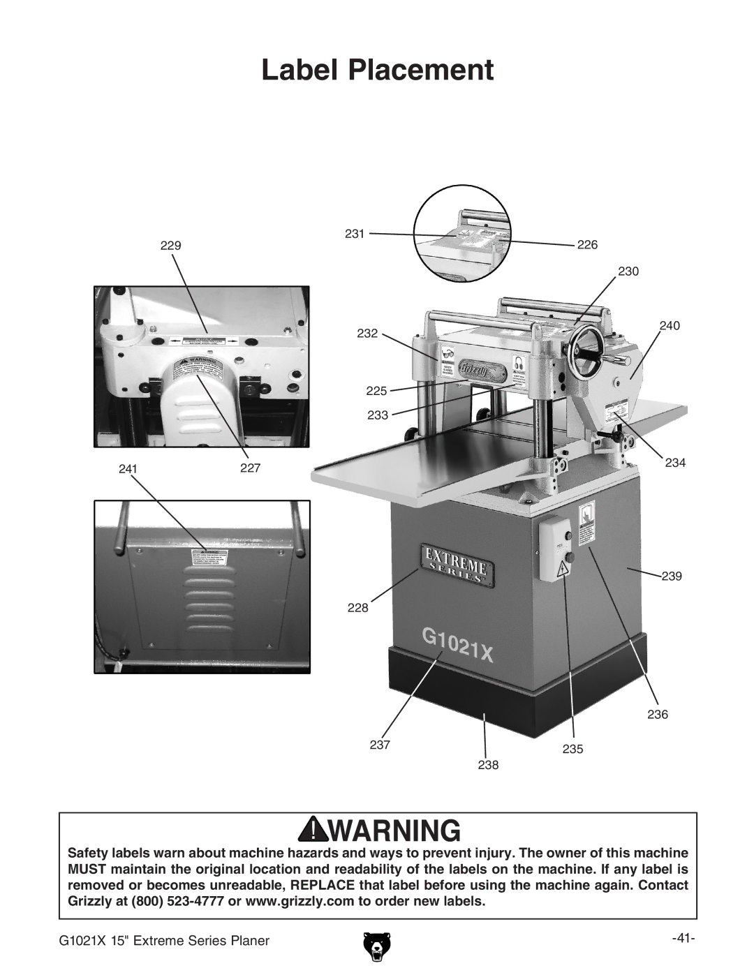 Grizzly G1021x owner manual Label Placement 