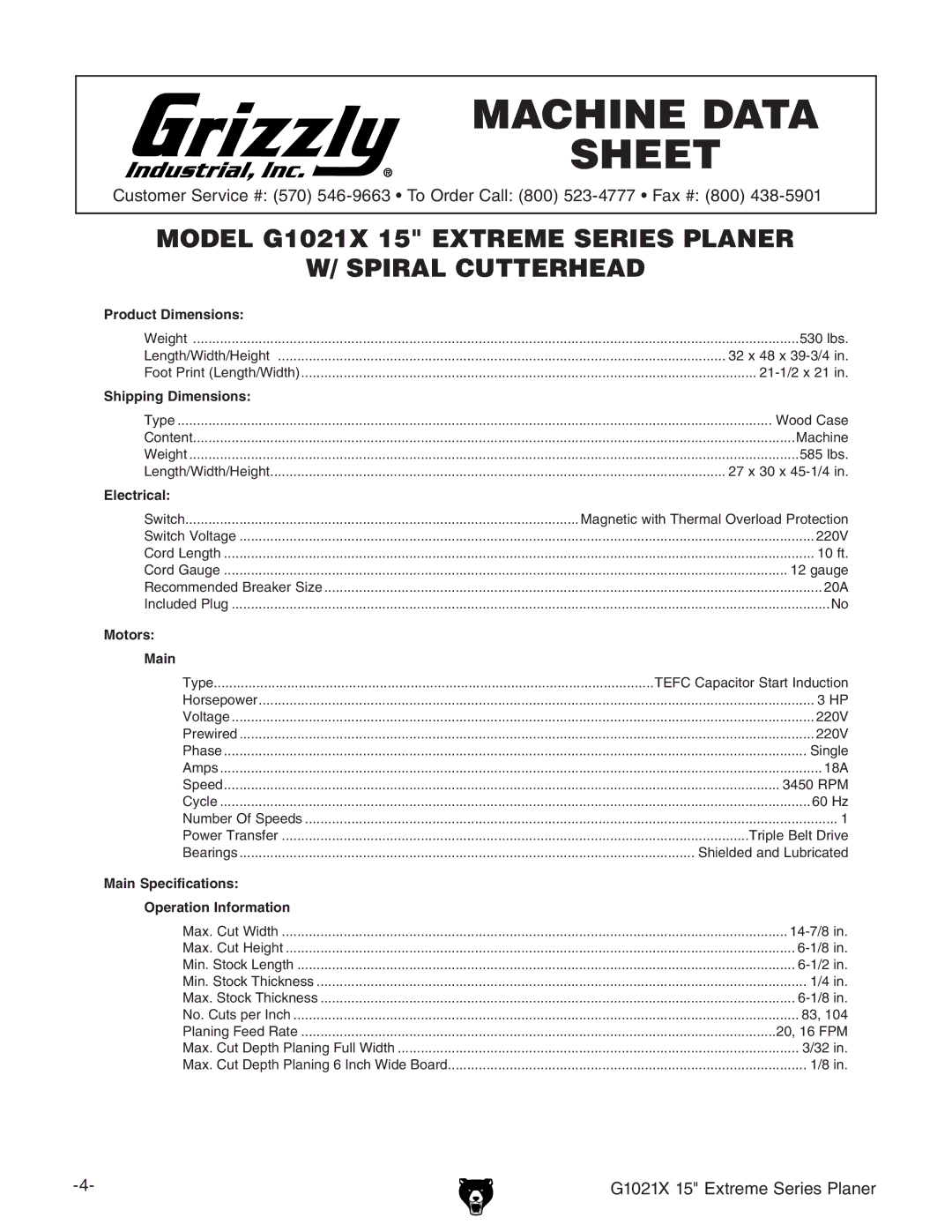 Grizzly G1021x owner manual Machine Data Sheet 