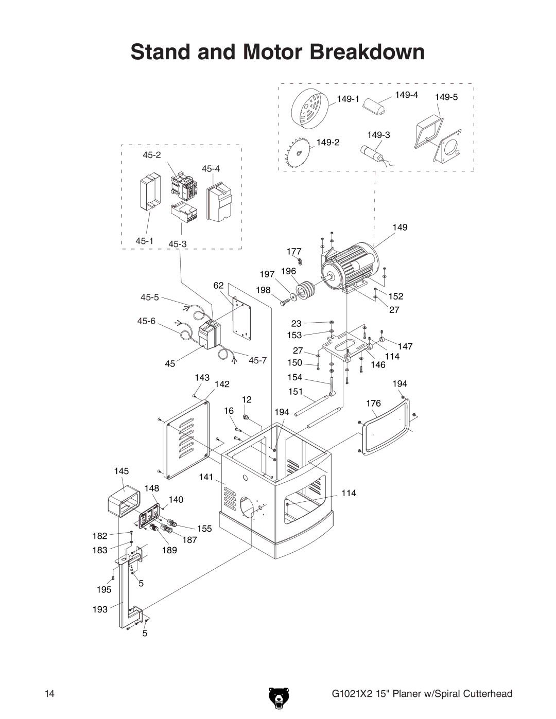 Grizzly G1021X2 manual Stand and Motor Breakdown 