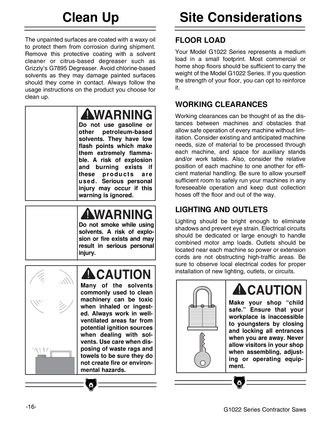 Grizzly G1022PRO instruction manual Clean Up, Site Considerations 