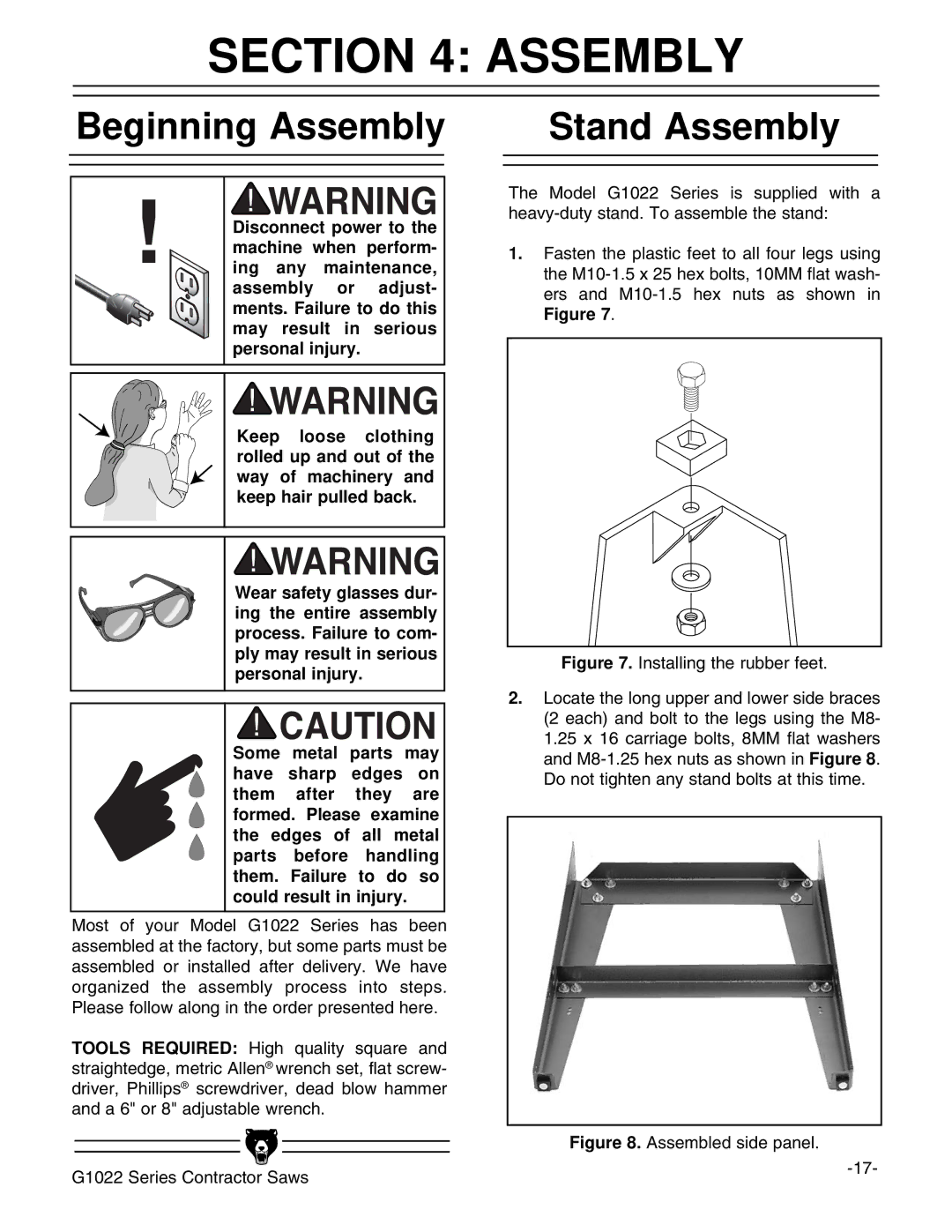 Grizzly G1022PRO instruction manual Beginning Assembly, Stand Assembly 