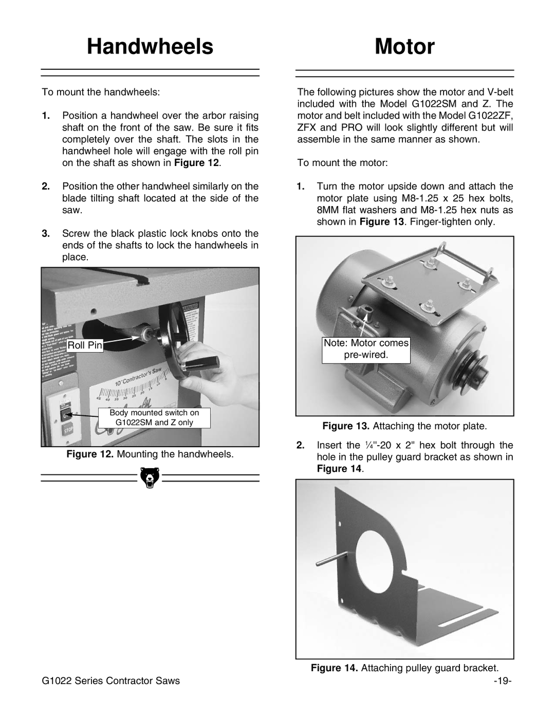 Grizzly G1022PRO instruction manual HandwheelsMotor, Attaching pulley guard bracket 