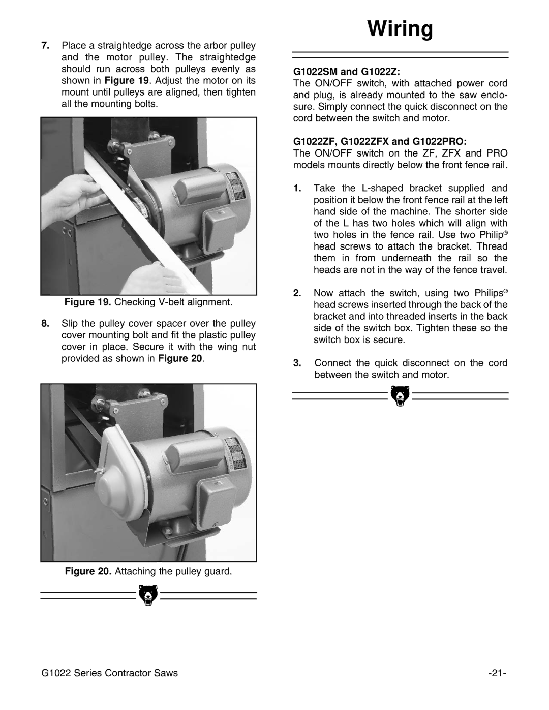 Grizzly instruction manual Wiring, G1022ZF, G1022ZFX and G1022PRO 