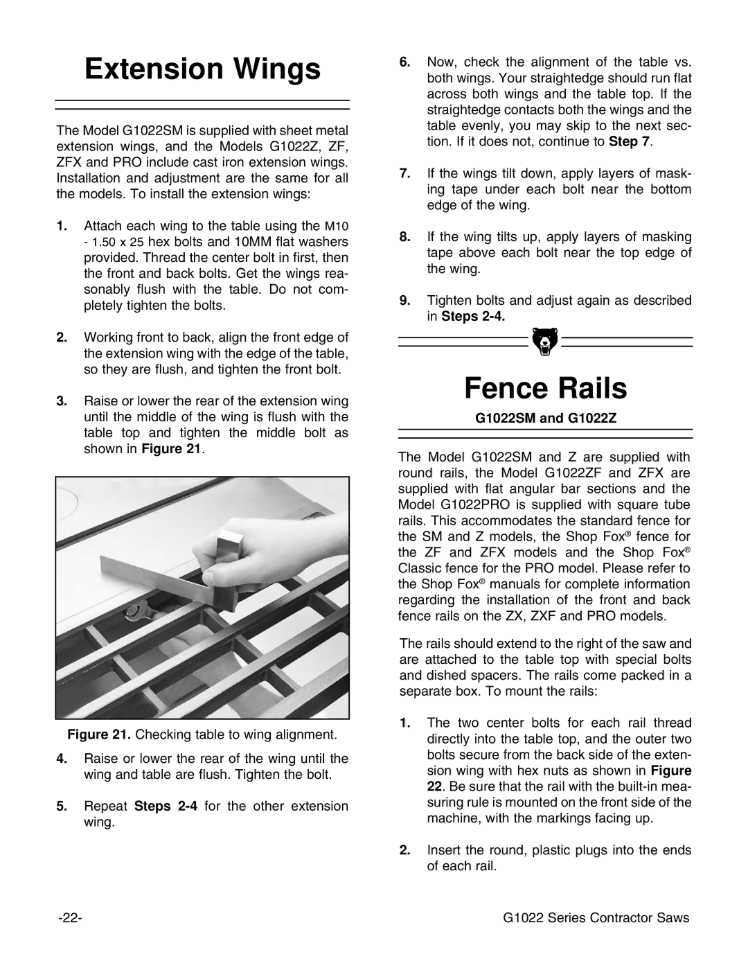 Grizzly G1022PRO instruction manual Extension Wings, Fence Rails 