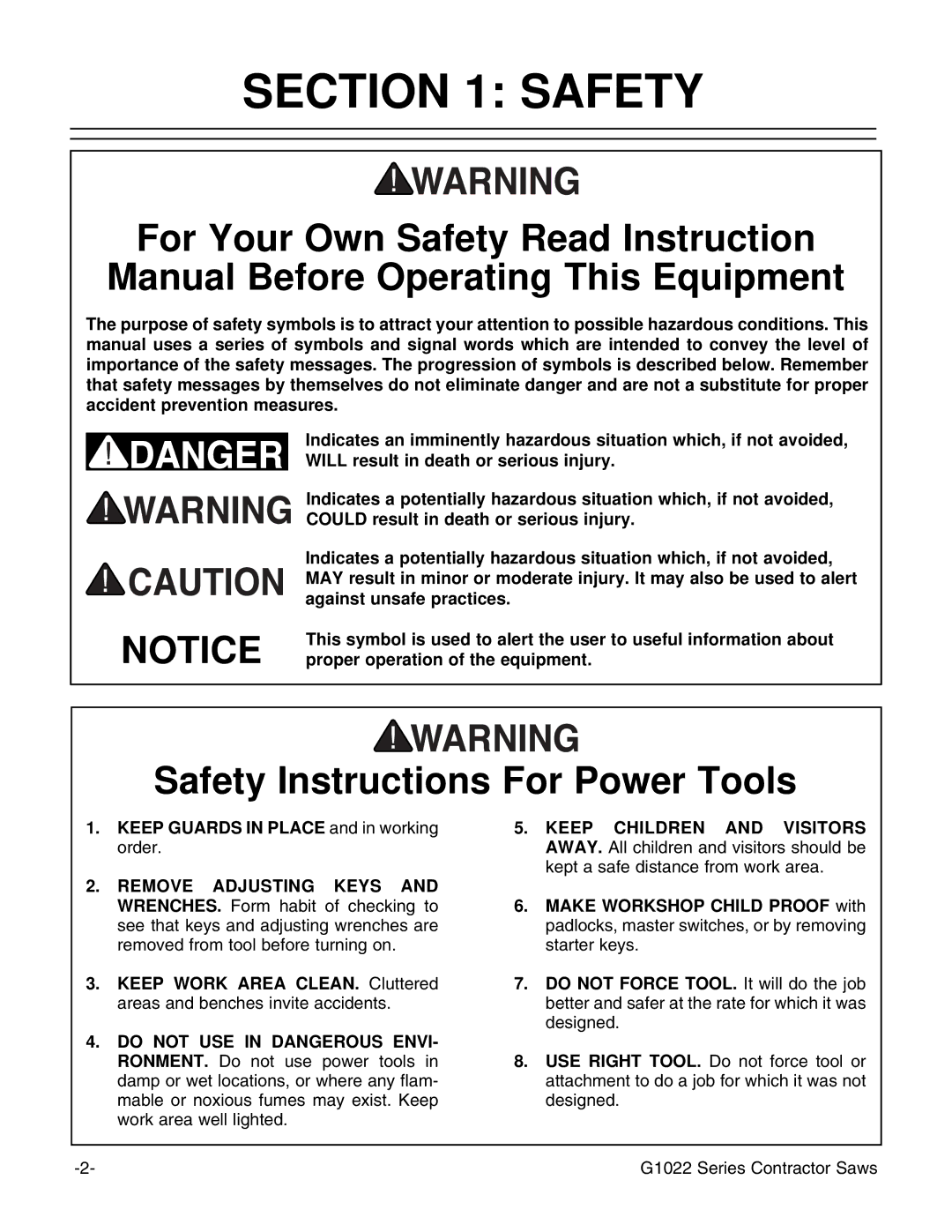 Grizzly G1022PRO instruction manual Safety Instructions For Power Tools 