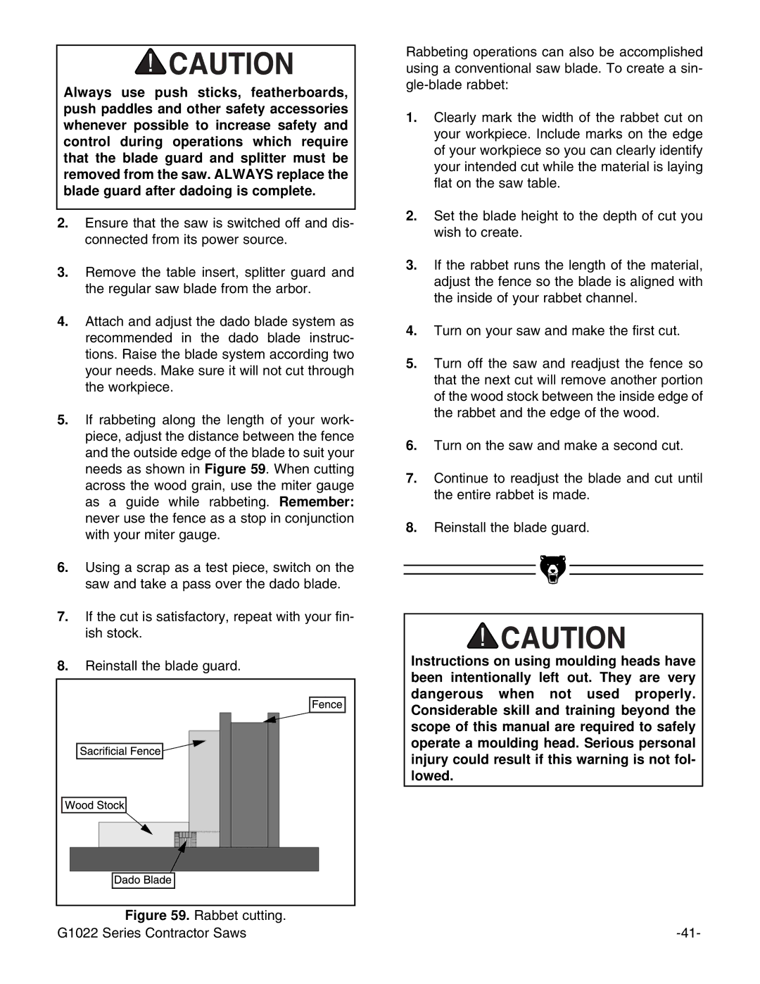 Grizzly G1022PRO instruction manual Rabbet cutting G1022 Series Contractor Saws 