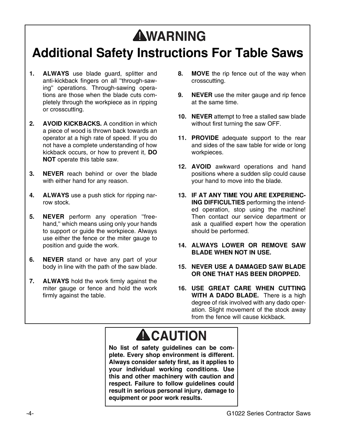 Grizzly G1022PRO instruction manual Additional Safety Instructions For Table Saws 