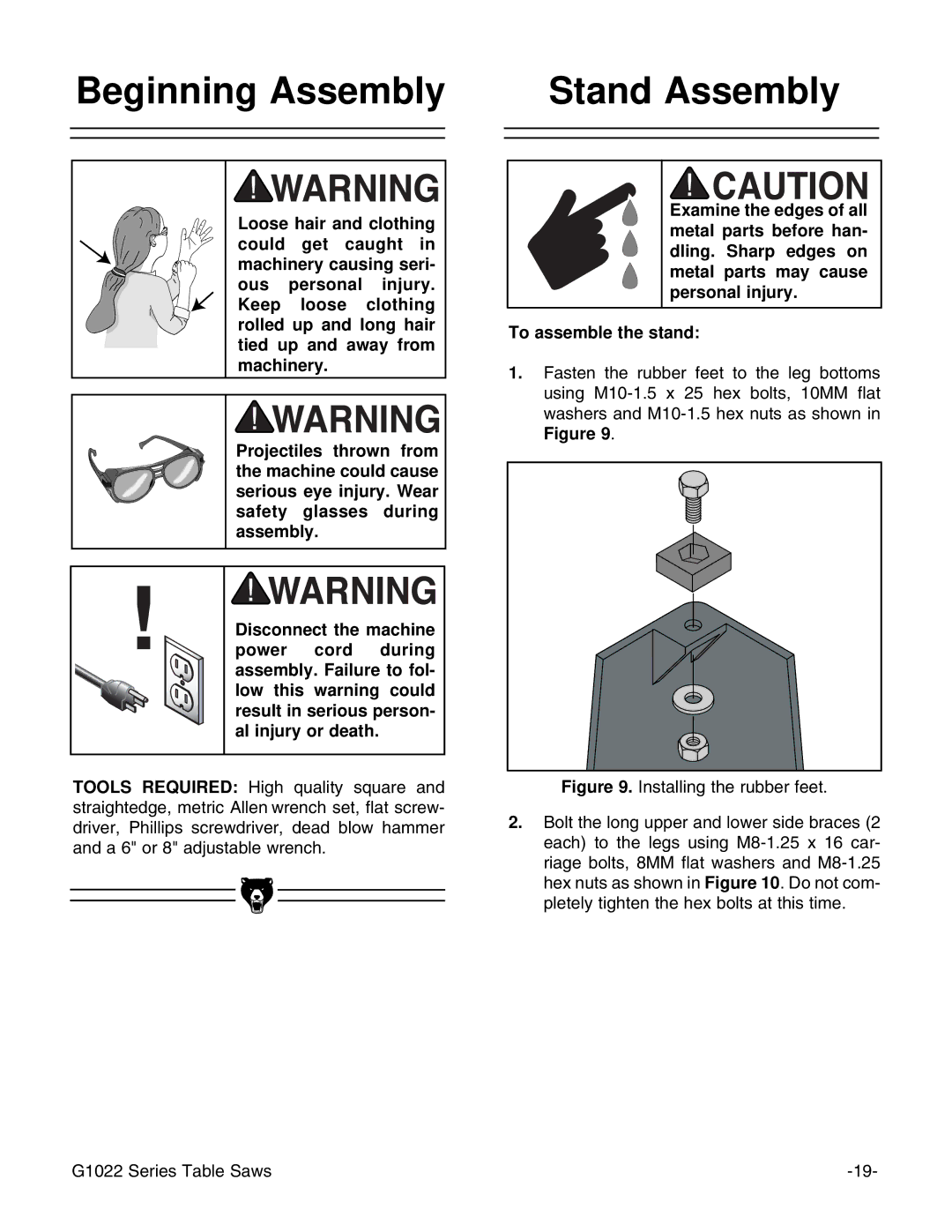 Grizzly G1022SM instruction manual Beginning Assembly Stand Assembly 