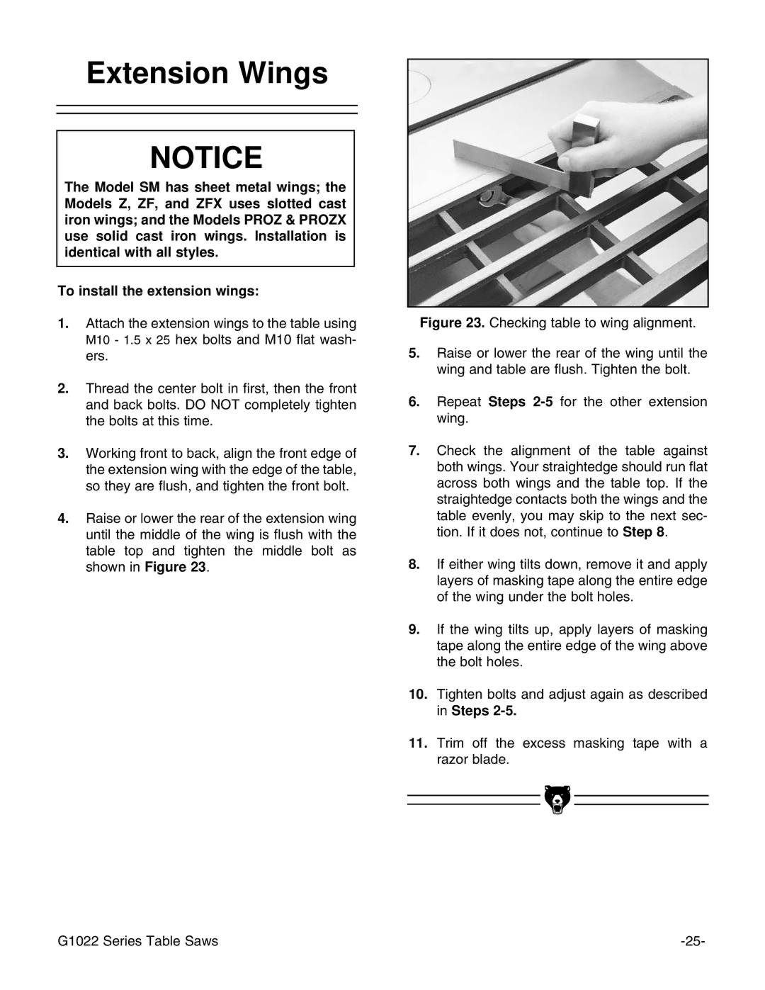 Grizzly G1022SM instruction manual Extension Wings 