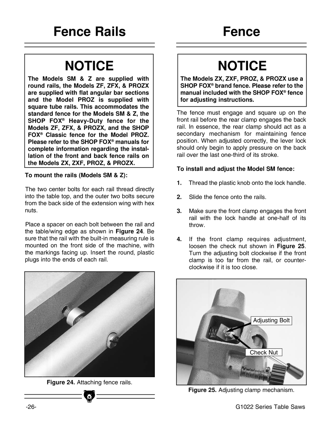 Grizzly G1022SM instruction manual Fence Rails, To mount the rails Models SM & Z, To install and adjust the Model SM fence 