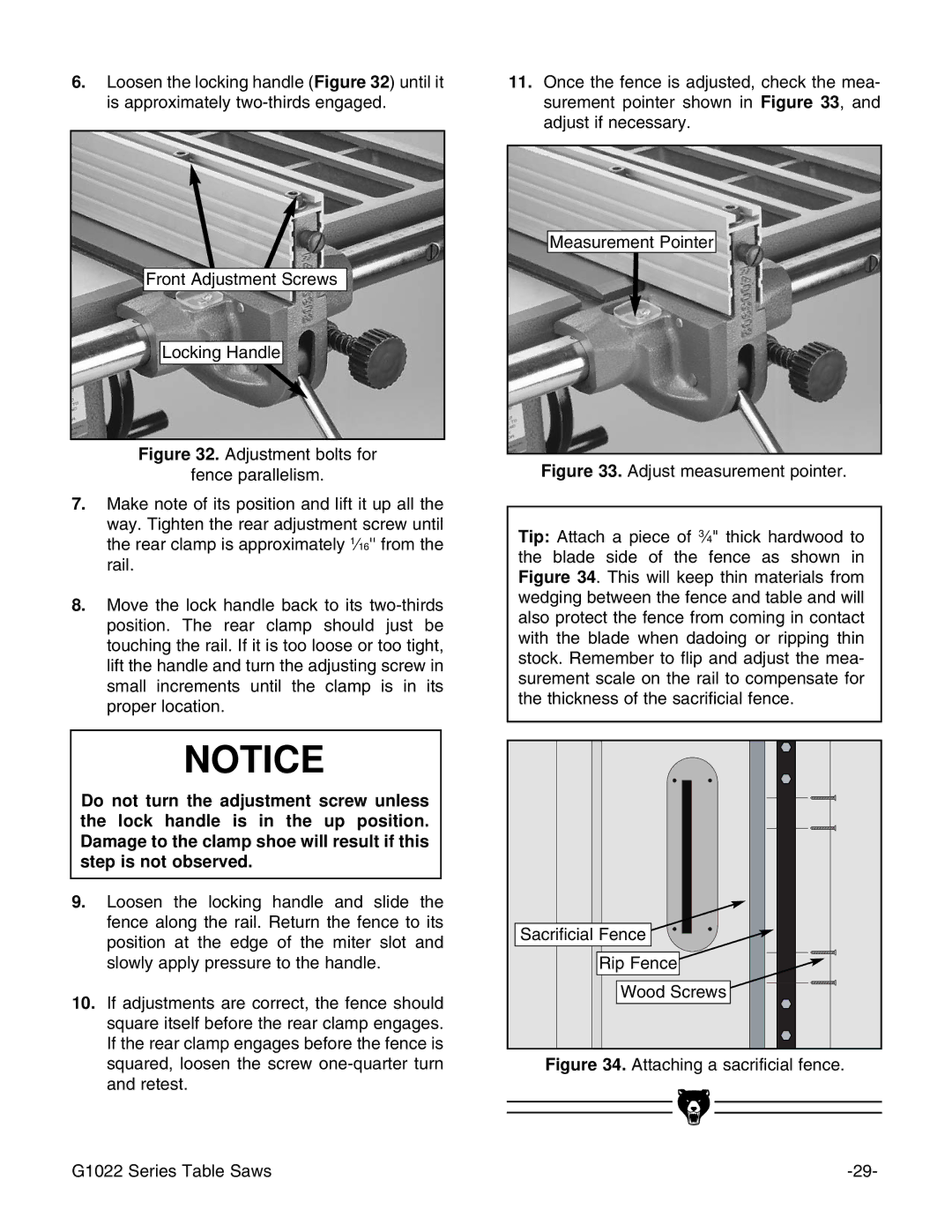 Grizzly G1022SM instruction manual Attaching a sacrificial fence G1022 Series Table Saws 