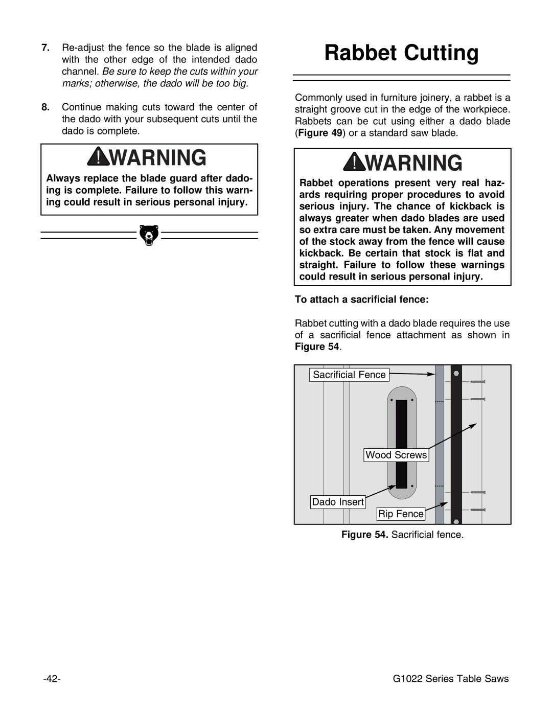 Grizzly G1022SM instruction manual Rabbet Cutting, Sacrificial fence G1022 Series Table Saws 