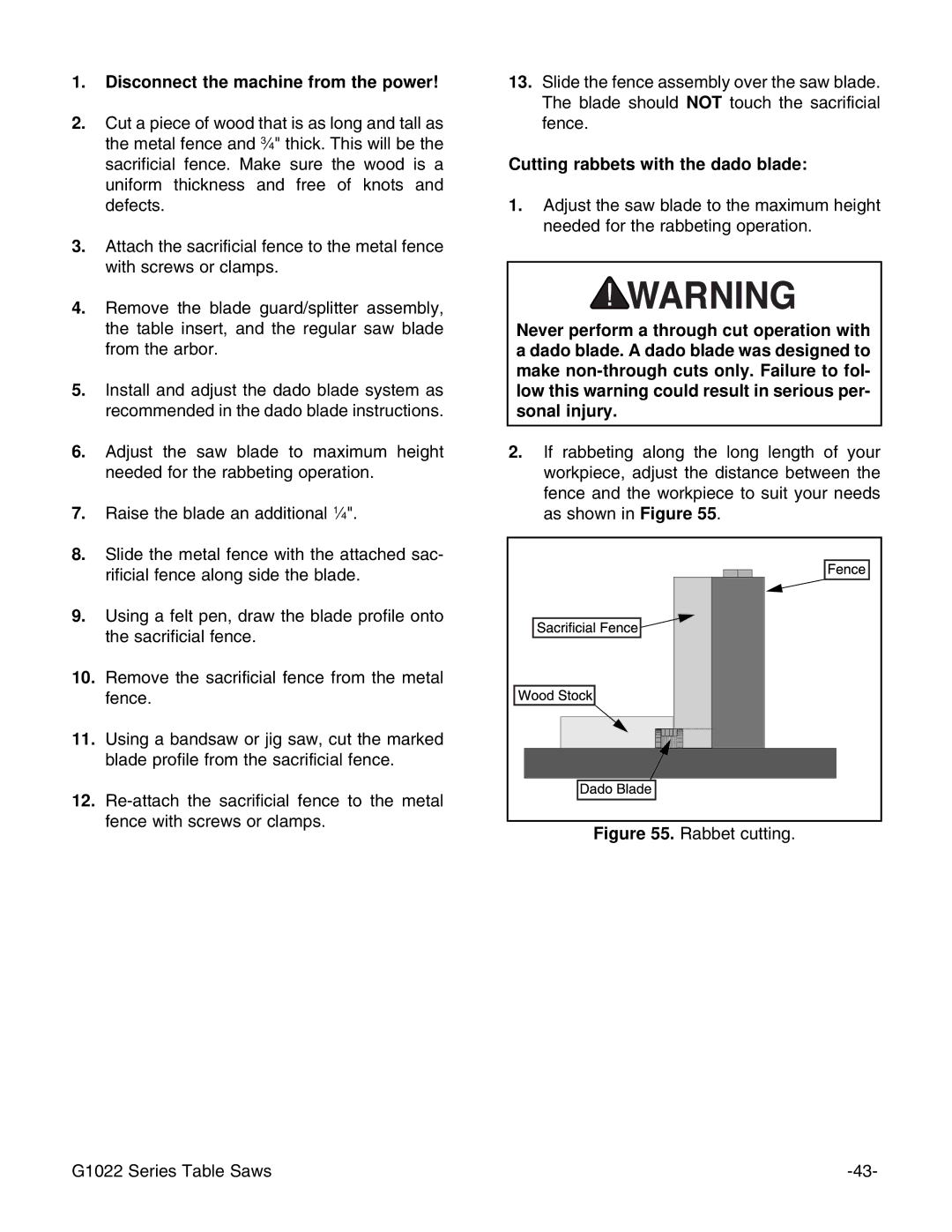 Grizzly G1022SM instruction manual Disconnect the machine from the power, Cutting rabbets with the dado blade 